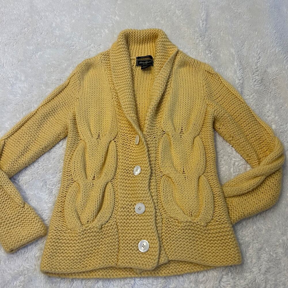 Eddie Bauer Hand Knit Wool Cable Knit Cardigan Women M Yellow Grandma Cottage
